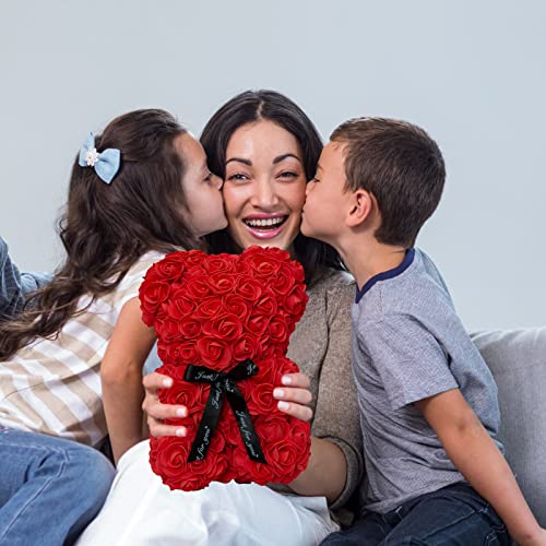 DuHouse Rose Bear Rose Teddy Bear Flower Gift Black Box for Valentines Gifts Anniversary Christmas,Birthdays Bridal Showers -Fully Handmade 10 inch Flower Bear Clear Gift Box(Red) - color: Red