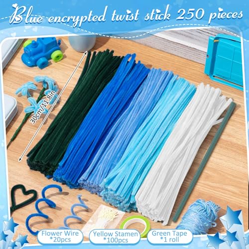 Peryiter 371 Pcs Pipe Cleaners Flowers Kit, Pipe Cleaners Chenille Stems Bulk with Floral Wire Gardening Tape Stamen, Fluffy Limpiapipas para Flores for DIY Mother's Day Decor(Blue & Green) - color: Blue & Green