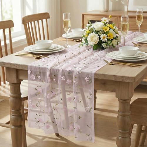 Artoid Mode 3D Flower Pink Gauze Embroidery Table Runner 120 Inch 10FT, Tulle Seasonal Spring Kitchen Dining Holiday Table Decor for Home Party - color: Pink