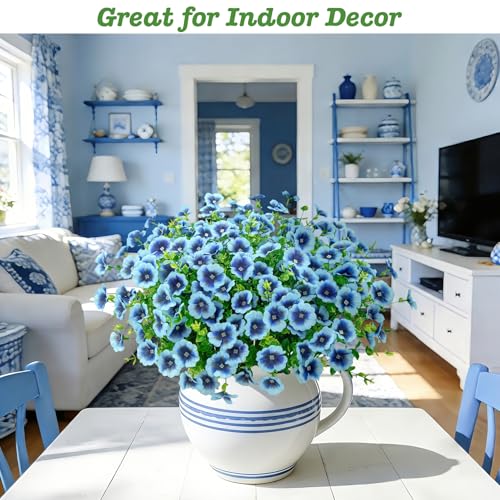 Roberly 20 Bundles Artificial Flowers for Outdoors, Fake Silk Flowers with Plastic Eucalyptus Greenery Stems Realistic Faux Plants for Spring Summer Porch Patio Yard Garden Vase Home Decor, Blue - color: Blue