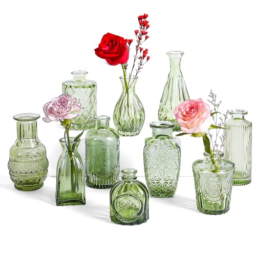 Vintage Small Glass Vases Set of 10,Mini Bud Vases for Flowers,Amber Glass Vases for Centerpieces,Wedding Decorations,Home Table Flower Decor (Hunt Green) - color: Hunt Green