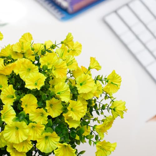 LikSoor 16 Bundles Artificial Flowers Outdoor Spring Summer Decoration Fake Silk Colorful Daisy Eucalyptus Realistic UV Outside Faux Plants for Garden Porch Window Box Home Decor Morning Glory Yellow - color: Morning Glory Yellow