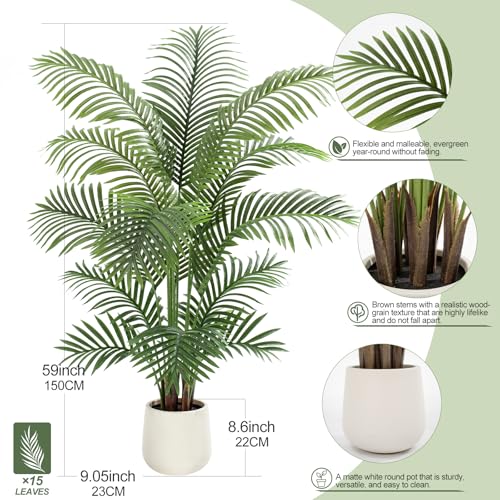 5ft Artificial Palm Tree Tall Faux Palm Tree Indoor Large Fake Plants with 15 Trunks Artificial Plants with White Pot Lifelike Leaves for Home Office Decor Living Rooms Bedrooms - color: Palm Tree 5ft
