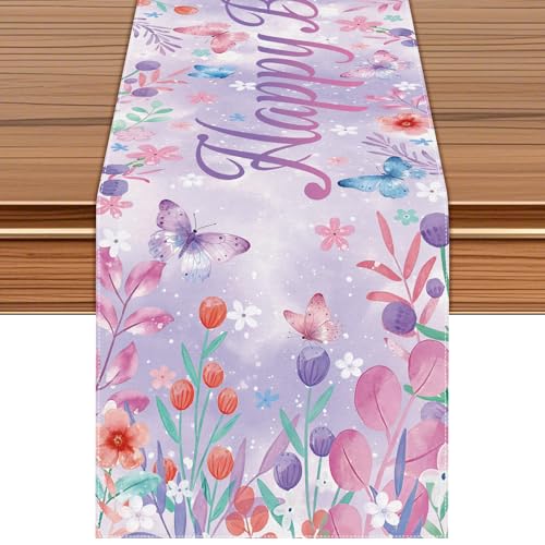 Happy Birthday Table Runner, Purple Lavender, 72x13 Inch | Butterfly Floral Design