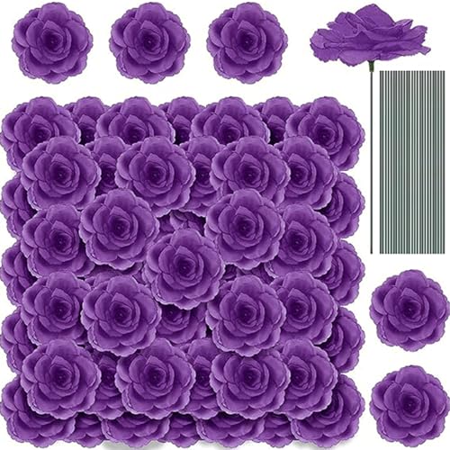 Yunlly 100 Pcs Artificial Flowers Fake Silk Roses Long Stem Rose Bouquet Wedding Party Home Decor for DIY Baby Shower Centerpieces Tables Home Decorations(Purple) - color: Purple