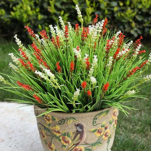 alyptus Artificial Flowers Outdoor 12 Bundles Fake Plants Outside Red Flower Grass Faux Greenery Spring Summer Wildflower Decoration for Outdoors Yard Front Porch Planter Decor (Red Flowers) - color: Red Flowers