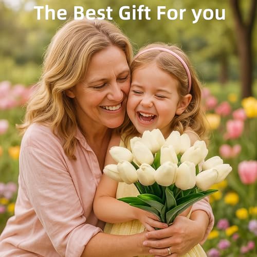 20 Pcs Tulips Artificial Flowers, 13.5'' Real Touch PU Fake Flowers Bouquet for Home Party, Spring Wedding Floral Arrangement, Valentine's, Easter and Mother's Day Decor (Cream) - color: Cream