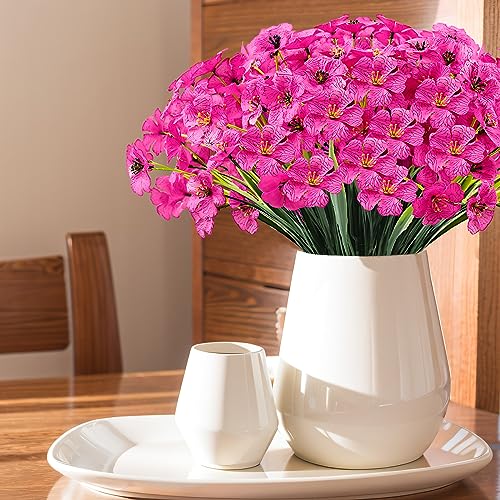 Kinisty 20 Bundles Outdoor Artificial Flowers UV Resistant with Faux Silk Flowers and No Fade Fake Plastic Plants for Spring Summer Outside Planters Porch Window Box Garden Decor, Fuchsia - color: Rose Red
