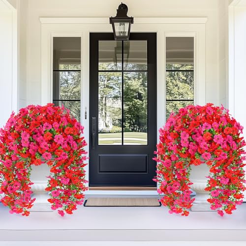 Dolicer 2 Pcs Look Real Artificial Flowers for Outdoors, Realistic Fake Artificial Hanging Flowers for Outdoors UV Resistant Silk Faux Hanging Plants Flowers for Porch Patio Garden(Red+Fuchsia) - color: Red+fuchsia, size: 2 Pcs