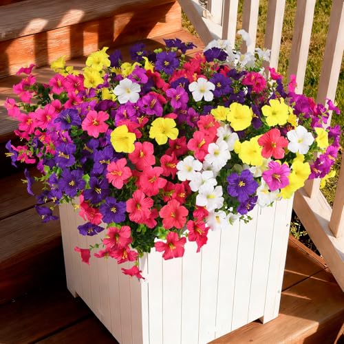 INQCMY Artificial Fake Flowers for Outdoors Decoration,12 Bundles Silk Colorful Morning Glory with Eucalyptus UV Resistant Look Real Faux Flowers for Planter Door Garden Porch Patio Balcony Yard - color: Mixed Color(2double Purple,2 Deep Orchid,2 Deep Pin