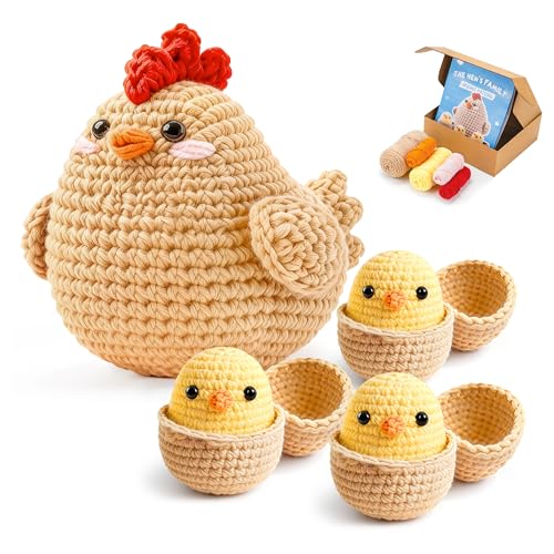 Joyclub Crochet Kit for Beginners 4 Pcs Chicken Family Amigurumi Crochet Starter Kits with Step-by-Step Video Tutorials DIY Craft Gift for Adults Kitting Lovers Mother Teacher Student - color: Crochet Chicken
