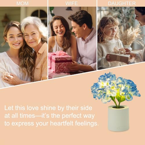 WSYEAR Blue Artificial Hydrangea LED Flower Lamp -Christmas Birthday Gifts for Women, Artificial Hydrangea Flower Table Lamp Decor for Bedroom Bar Coffee Shop Wedding - color: Blue Hydrangea