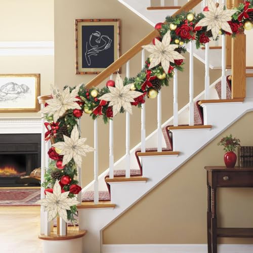Briful 6 Pack Champagne Glitter Christmas Poinsettia Picks, 13.8'' Artificial Floral Stems with Gold Edges & Sparkle Beads, 9.8'' Blossom Holiday Flower Picks for Tree, Wreath, Table Centerpiece Decor - color: Champagne#354, size: 12'' POINSETTIA / 6PCS