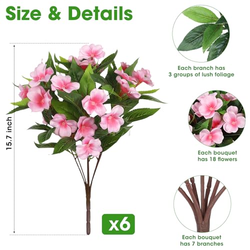 Ouddy Decor 6 Bundles Artificial Impatiens Flowers for Outdoors Decoration, Silk Flowers Bouquet Fake Plants UV Resistant for Spring Summer Garden Porch Window Box Balcony Home Decor, Light Pink - color: Light Pink