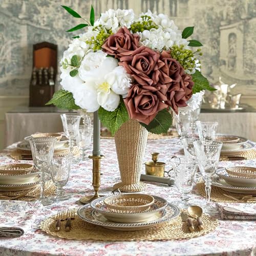 JINWOE 10pcs Artificial Roses Single Stem Faux Rose for Wedding Table Centerpieces Party Home Decoration (Coffee) - color: Coffee