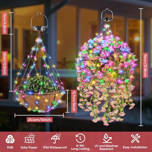 GOESWELL Outdoor Hanging Artificial Flowers Basket: Fake Plants Hanging Basket with Solar String Lights for Home Garden Enthusiasts- Realistic Faux Silk Flower Baskets for Porch Wall Patio Tree Decor - size: 10inch, style: morning glory - pink white