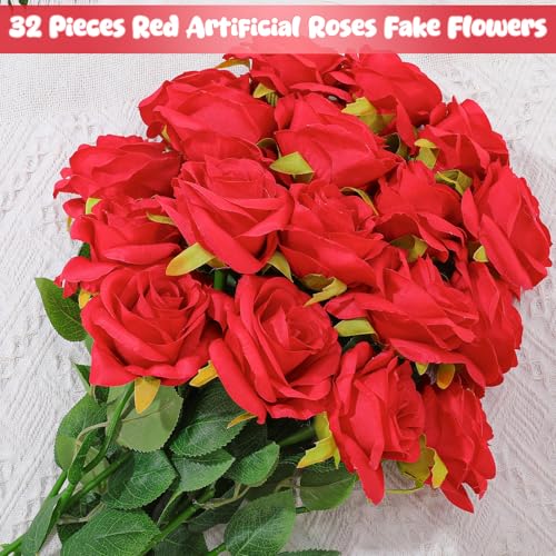32 Pcs Red Artificial Flowers Roses Fake, Silk Flowers with Stems for DIY Wedding Gothic Bridal Shower Centerpieces Arrangements Tables Decorations - color: Red
