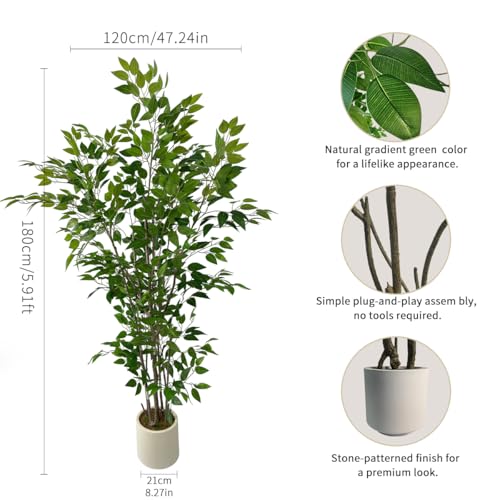 6ft Artificial Ficus Tree with White Plastic Planter | Collapsible trunk structure enables quick assembly and compact space-saving storage - color: Green, size: 6ft