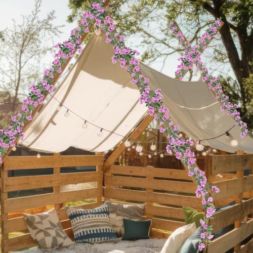 2 Pcs Artificial Flowers Garland for Outdoors Purple Faux Gardenia Garland 12Ft Silk Rose Hanging Vines Floral for Wedding Arch Party Wall Garden Ceremony Backdrop Fence Spring Decor - color: Purple
