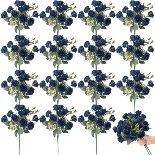 Zeyune 16 Bunches 12 Inch Artificial Mini Rose Bouquet 160 Heads Bridal Flower Bouquets Fake Silk Rose Bulk for Valentine's Day Wedding Bridal Shower Home Office Garden(Dark Blue) - color: Dark Blue