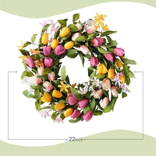 22" Tulip Wreath Spring/Summer Wreaths Artificial Floral Wreaths for Front Door Yellow Pink Tulip Easter Wreath for Indoor Outdoor Home Holiday Party Wedding Decor
