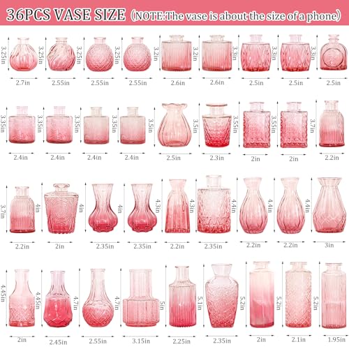 36Pcs Valentine's Day Bud Vases Set Small Vintage Glass Bottles Pink Bud Vases in Bulk Multiple Shape Cute Glass Vases for Rustic Wedding Centerpieces Table Decorations and Home Decor(Pink) - color: Pink