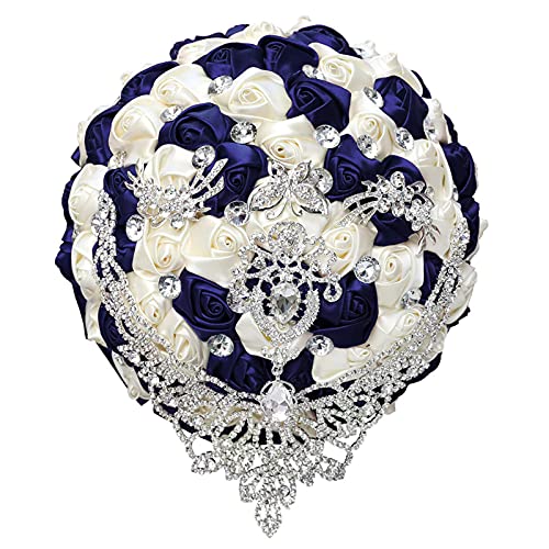 XINNI Handmade Bridal Wedding Bouquet Bride Bridesmaid Satin Rose Flower Bouquet with Drop-Shaped Rhinestone Wedding Decoration Navy Blue and Ivory - color: Navyblue+ivory