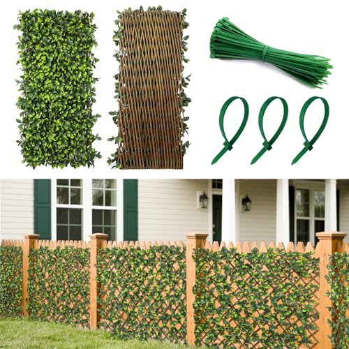 Patio Paradise 1PC Artificial Ivy Expandable Privacy Fence Screen Faux Greenery Wall Green Vines Leaf Hedge Outdoor Lattice Panels Covering for Apartment Balcony Deck Porch Backyard, Single-Side - color: Ficus Leaves