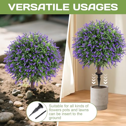 Artificial Lavender Topiary Ball Tree 25" with Ground Spike, Set of 2 Artificial Boxwood Bushes for Faux Shrubs, Fake Evergreen Faux Plant for Indoor Outdoor Porch Garden -UV Resistant–Fade-Proof - color: Lavender