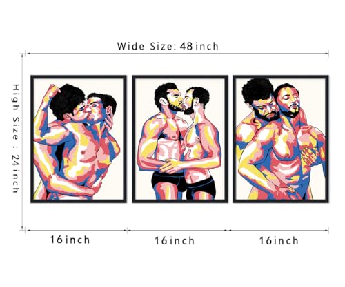 3 Piece Gay Man Kiss Hug Canvas Wall Art for Bedroom Wall Decor Abstract Male Couple Love Posters Adult Men Prints Artwork for Apartment Bathroom Hotel Bar Framed Ready to Hand 16x24inchx3pcs - color: Art08, size: 16x24x3Pcs Black Framed