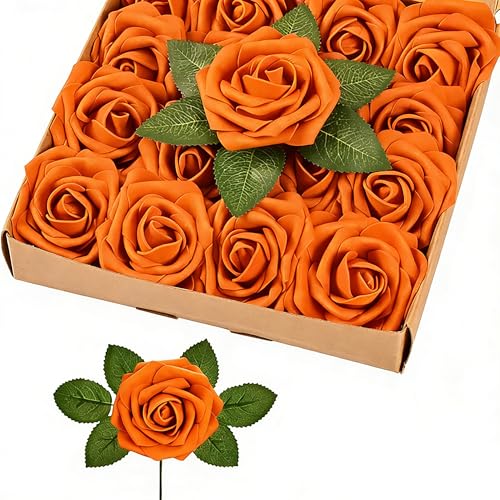 30pcs Real Looking Orange Foam Artificial Roses with Stems, Fake Rose Flowers for DIY Wedding Bouquets Bridal Shower Centerpieces Home Party Tables Valentine's Day Mother's Day Decor Gift - color: 30pcs Orange