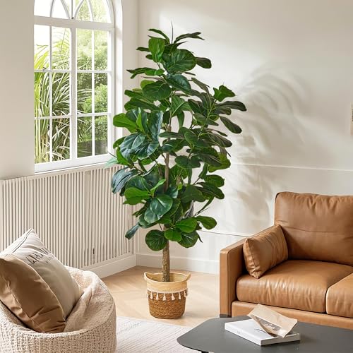 VECELO Artificial Fiddle Leaf Fig Tree 6FT(71in), Tall Fake Floor Plants with 150 Large Realistic Leaves in Plastic Pot for Indoor Outdoor Living Room Home Decor - color: Fiddle Leaf Fig Tree(6ft)