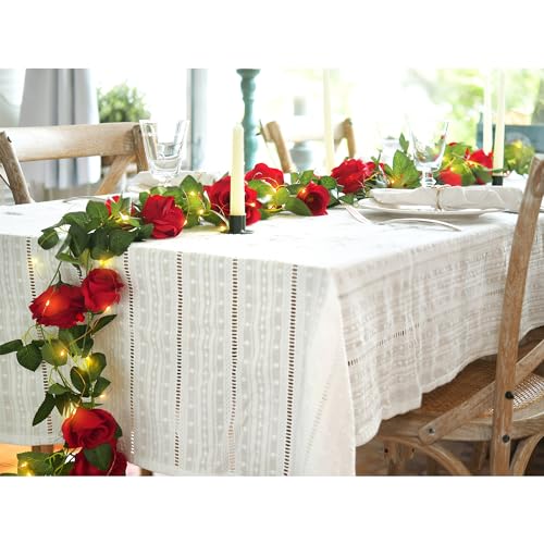 FiveSeasonStuff 29 Ft 4 Pack Christmas Red Rose Silk Flower Garland Artificial Flowers Decoration Hanging Floral with 66 feet String Lights - color: Christmas Red With Fairy String Lights