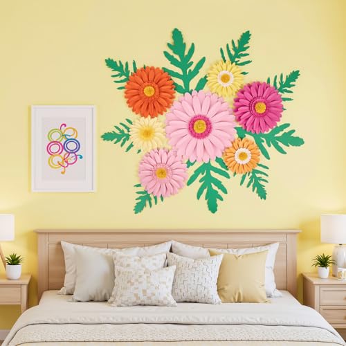 SUNBEAUTY Large Paper Flower Decoration for Wall 3D Large Paper Flower Pink Orange Daisy with Green Leaves Artificial Flower Wall Hanging for Classroom Bulletin Board Office Garden Tea Party Birthday - color: Daisy Flower-pink,orange