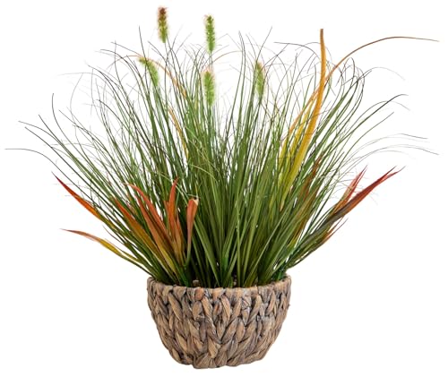 AlphaAcc 17.5 Inch Artificial Grass Plant with Pebbles Full Realistic Faux Plant Featuring Natural Curved Grass Leaves in Green and Red Brown Tones, Rustic Woven Pot Fake Plant for Home Office Decor - color: Grass