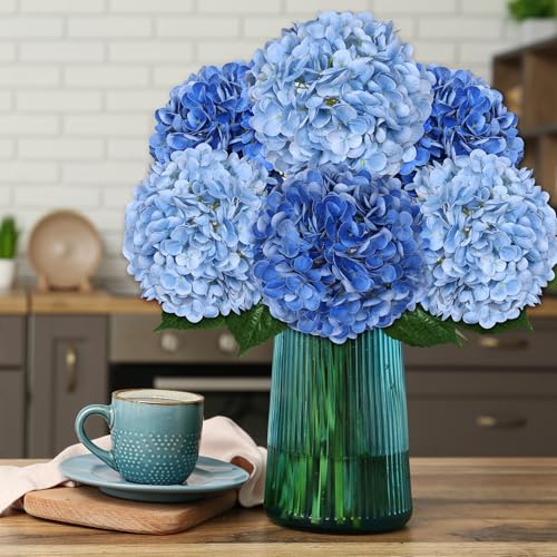 8pcs Hydrangea Artificial Flowers 21" Blue Silk Fake Flower Bouquets Faux Latex Hydrangea with Stems for Home Table Centerpieces Wedding Party Baby Shower Decoration - color: Dark Blue, Light Blue