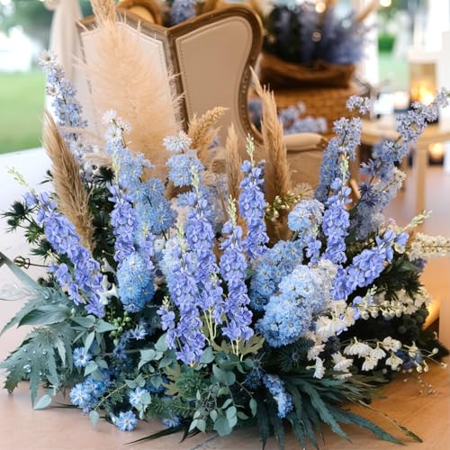 16Pcs Blue Delphinium Artificial Flowers 33.5'' Long Stem Larkspur Faux Silk Flower Bulk for Tall Floor Vase Outdoors Arrangements Home Garden Wedding Decor (Blue) - color: Deep Blue