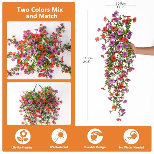 Hommyea Artificial Hanging Flowers for Outdoors, 2 Pcs Fake Hanging Plant Spring Summer Decor, UV Resistant No Fade Faux Silk Daisy Flower for Planter Front Door Porch Patio Yard Garden(Red Purple) - color: Purple Red
