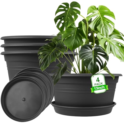 Large Flower Pots Set of 4 Pack 13 inch, Plant Pots Outdoor Planters with Drainage Hole & Tray Saucer, Decoration Plastic Pots for Plants for Indoor Outdoor Garden Home Plants Planter (Dark Gray) - color: Dark Gray, size: 13 Inch - 4Pack