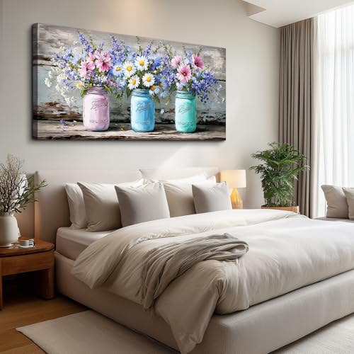ZUITINGHUA Canvas Wall Art For Living Room Large Wall Decor For Office Bedroom Decoration Vintage Landscape Picture Mason Jar Floral Painting Artwork Room Wall Mural Aesthetic Home Decor 30x60 In - color: Vintage Mason Jar Floral, size: 60"L x 30"W