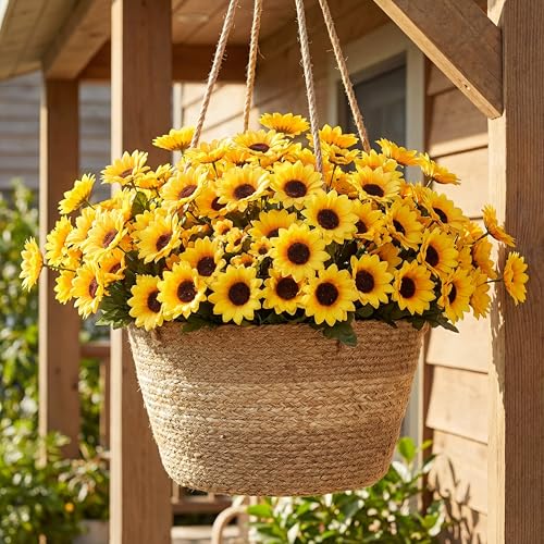 Redbaker 24 Bundles Yellow Sunflower Faux Mums for Outdoor Artificial Flower with Stems Bouquet Fake Plants Bulk UV Resistant Plastic No Fade Wedding Fall Garden Home Window Decor - color: Yellow, size: Summer Sunflower