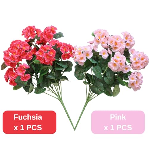 Muhanjia 26’’ Artificial Geranium Flowers for Outdoor Decoration,2PCS Silk Geranium Flowers UV Resistant Floor Plants for Garden Porch Patio Table Centerpieces Home Decor (Pink&Fuchsia) - color: Pink&fuchsia