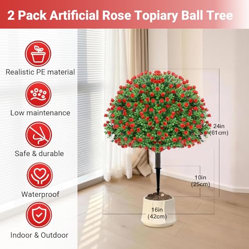 Artificial Topiary Rose Set of 2, Boxwood Ball with Ground Spike | Low Faux Flowers Artificial Plants, Shrub Bushes for Porch, Fake Ball Trees for Outdoor Planters Indoor Decor - color: Rose