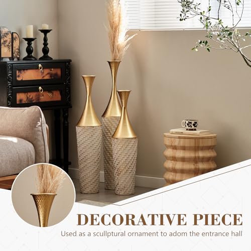 Tall Floor Vases Set of 3 for Decor Living Room Floor, Gold Vases Home Decor, Embossed Body Pattern, 35.43" H/31.5" H/27.56" H Geometric Cylinder (Gold 10) - color: Gold 10