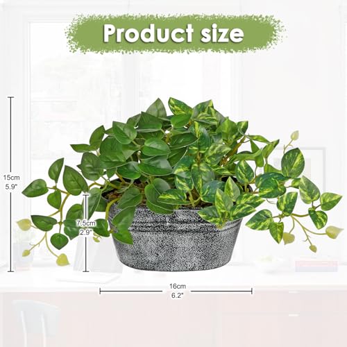 Artificial Plants Indoor 5.9" Faux Plant in Metal Pot, Small Fake Potted Plants with 2 Mixed Leaves Greenery Silk Plant for Living Room Desk Office Table Kitchen Farmhouse Shelf Home Vintage Decor - color: Green, size: 6'' Metal Pot
