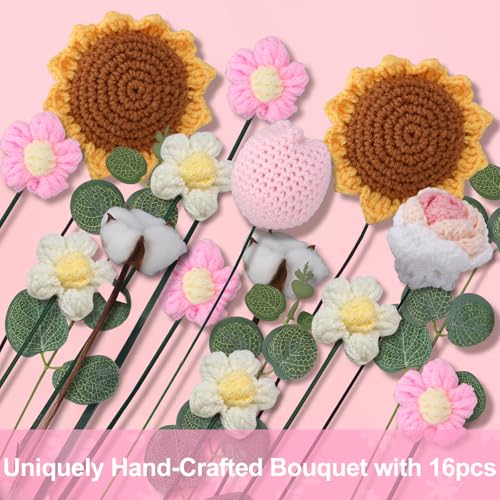 Foyucool Crochet Flower Bouquet, Orange Handmade Knitted Flowers with Gift Bag, Sunflowers Roses Cotton Tulip Buds Daisies for Father's Day Anniversary Birthday Graduation Valentine's Day - color: Orange