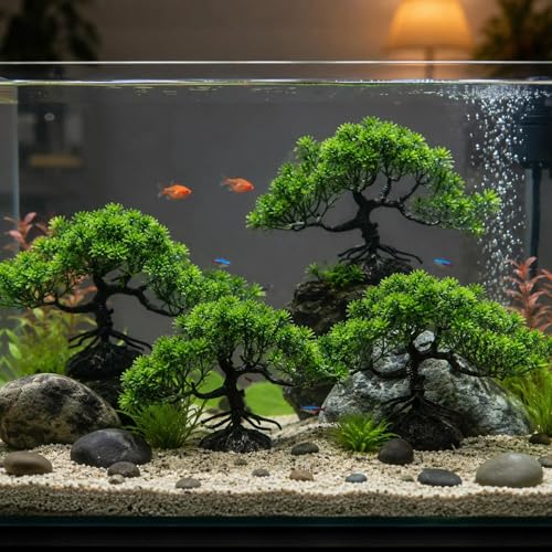 LOGOFUN 4 Pcs Aquarium Bonsai Tree Decorations Deep Green | Artificial Water Plant for Aquariums Fish Tank Gardens Micro Landscapes Decorations