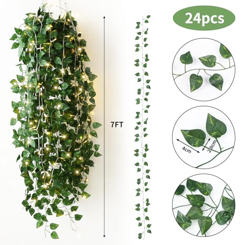 CEWOR 24 Pack 173ft Fake Ivy Vines, Artificial Ivy Garland with 200 LED String Lights, Hanging Plants Greenery Backdrop Green Leaves for Bedroom Room Wall Decor Wedding Party Table Decoration - size: F-24pcs of Vines with 200 LED lights