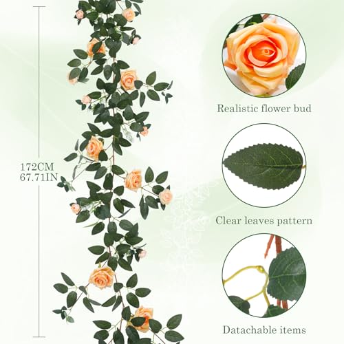 2 Pack 11.2 Ft Artificial Flower Garland with Champagne Roses, Realistic Fake Greenery Vines with 17 Roses Flowers for Wedding Table Centerpieces Arch Party Ceremony Backdrop Decor (Champagne) - color: Champagne