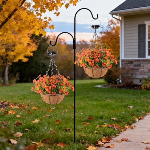 Solar Artificial Hanging Basket: Lighted Fake Flower Basket with Colorful Lights 2 Lighting Modes for Porch - 10 Inch Light Up Fall Hanging Baskets with Orange Faux Flowers for Garden Patio House - size: 10inch, style: round - orange